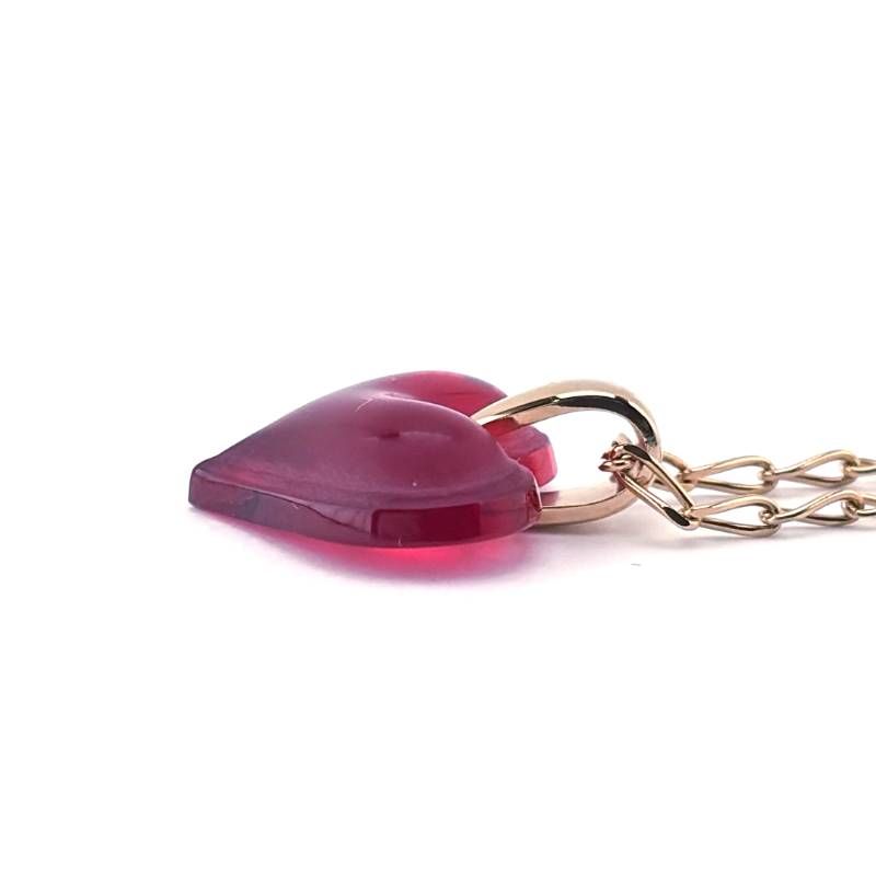 【美品】LALIQUE ラリック／ハートモチーフ ネックレス／クリスタルグラス・GP／レッド・ゴールド