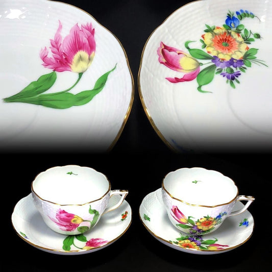 【美品】HEREND ヘレンド／バコニーの春＆チューリップの花束 ペア カップ＆ソーサー／フローラル・花／陶器／ホワイト・マルチカラー