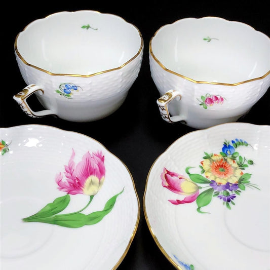 【美品】HEREND ヘレンド／バコニーの春＆チューリップの花束 ペア カップ＆ソーサー／フローラル・花／陶器／ホワイト・マルチカラー