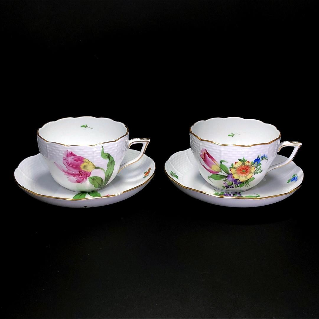 【美品】HEREND ヘレンド／バコニーの春＆チューリップの花束 ペア カップ＆ソーサー／フローラル・花／陶器／ホワイト・マルチカラー