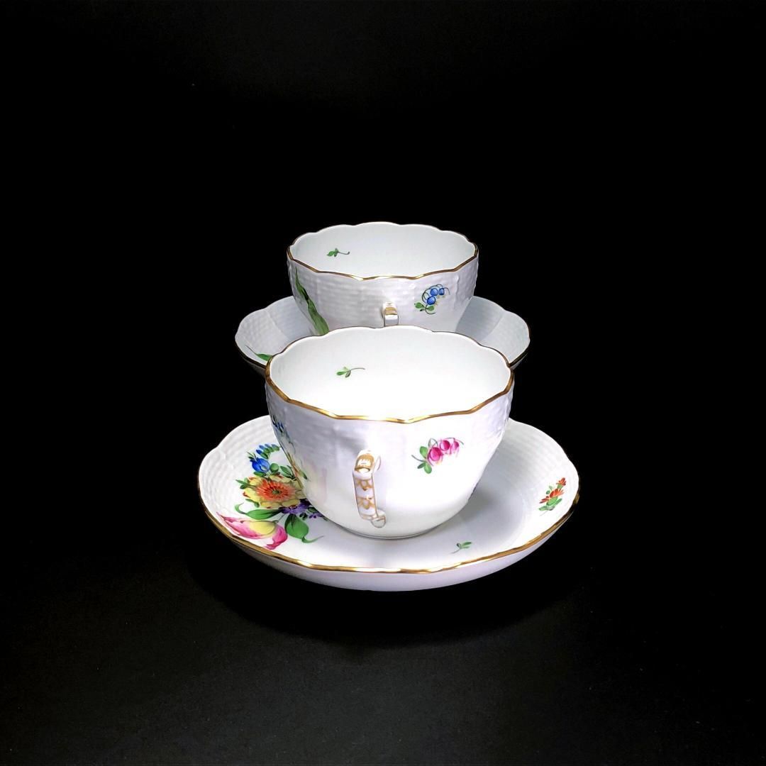 【美品】HEREND ヘレンド／バコニーの春＆チューリップの花束 ペア カップ＆ソーサー／フローラル・花／陶器／ホワイト・マルチカラー