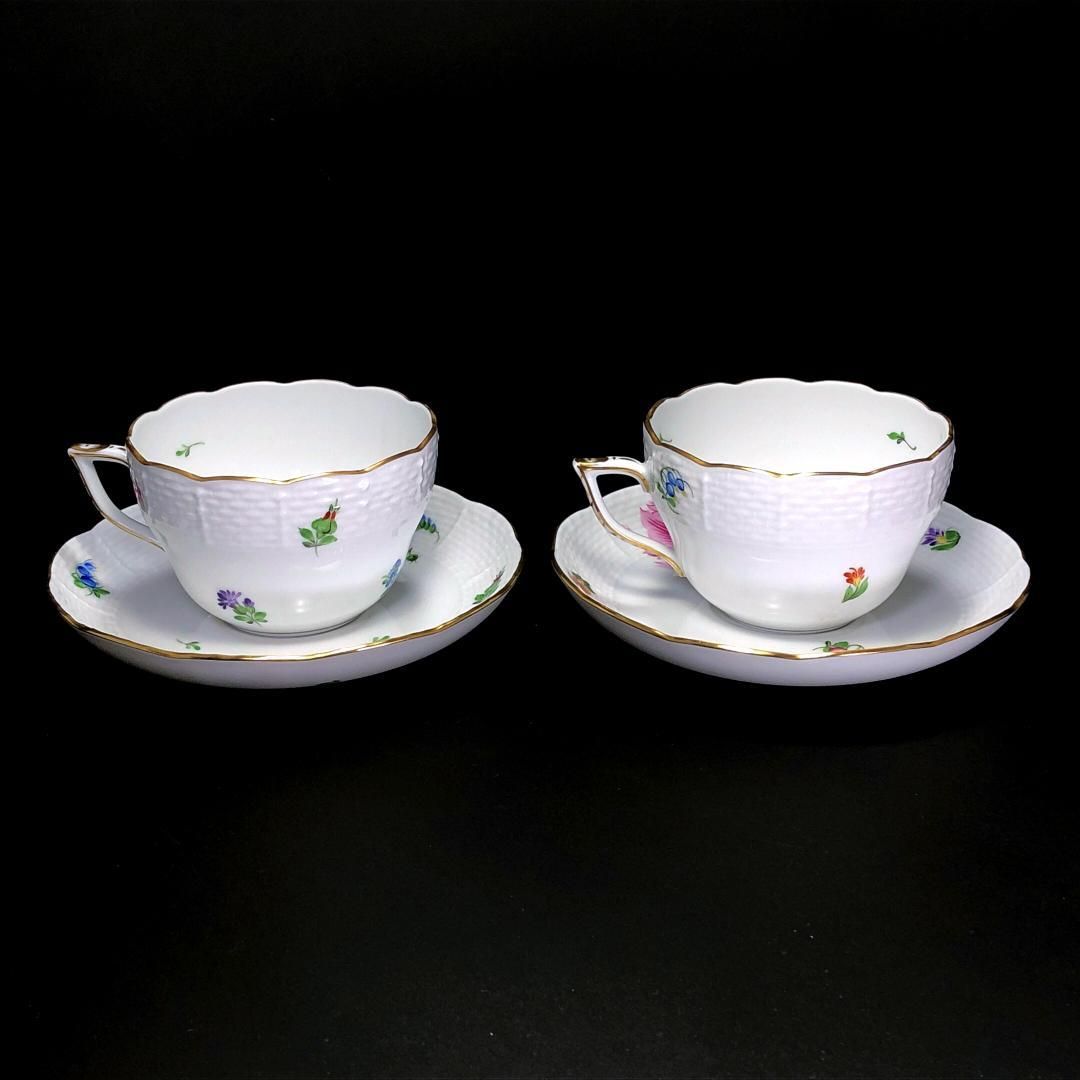【美品】HEREND ヘレンド／バコニーの春＆チューリップの花束 ペア カップ＆ソーサー／フローラル・花／陶器／ホワイト・マルチカラー