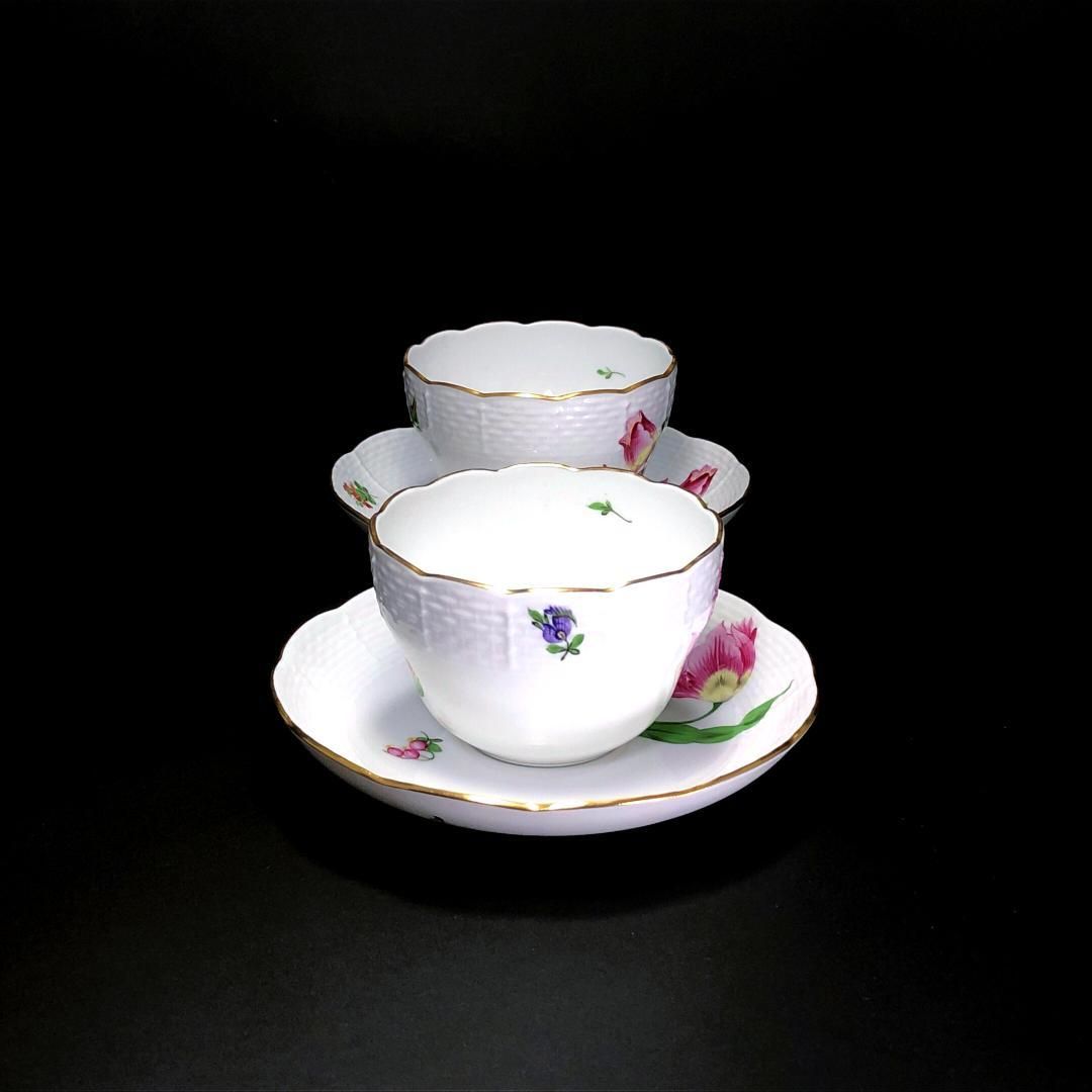 【美品】HEREND ヘレンド／バコニーの春＆チューリップの花束 ペア カップ＆ソーサー／フローラル・花／陶器／ホワイト・マルチカラー