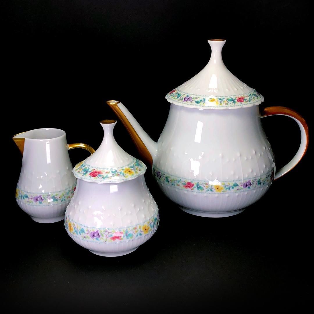 【美品】Limoges リモージュ／ジョルジュボワイエ ペルサーン ティーポット・シュガーポット・クリーマー 3点セット／フローラル・花／陶器／ホワイト・マルチカラー