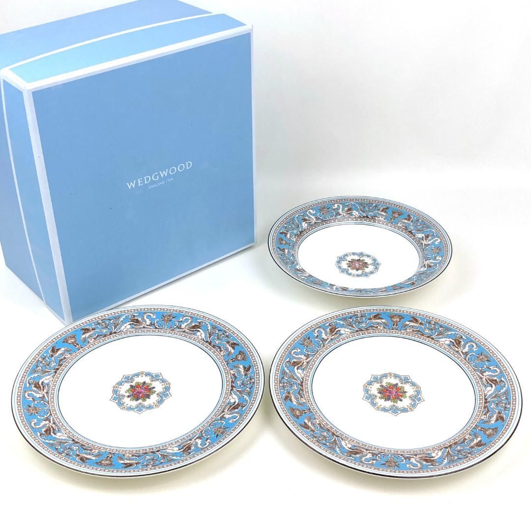 WEDGWOOD ウェッジウッド／フロレンティーン ターコイズ クープ プレート 皿 3枚 セット／陶器／ホワイト・ブルー