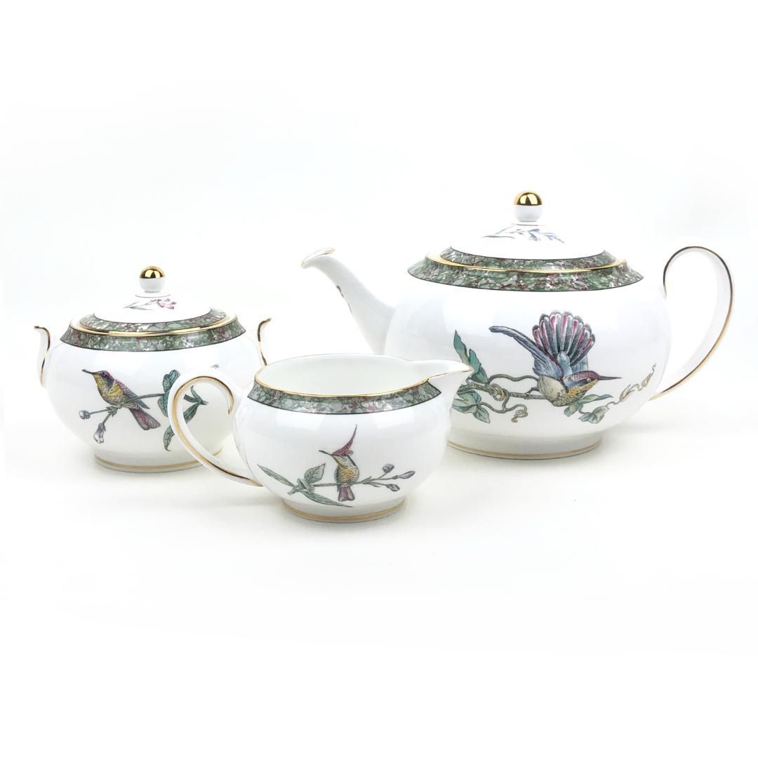 【美品】WEDGWOOD ウェッジウッド／ハミングバード ティーポット・シュガーポット・クリーマー 3点 セット／バード 鳥／陶器／ホワイト
