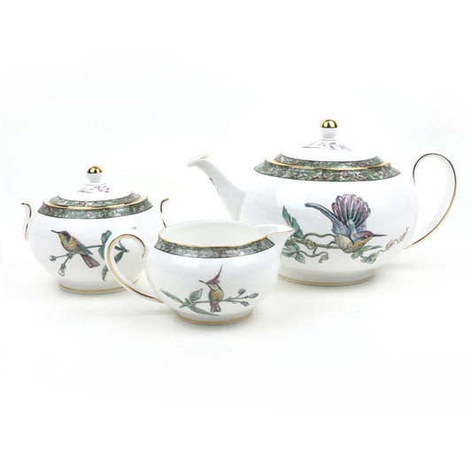 【美品】WEDGWOOD ウェッジウッド／ハミングバード ティーポット・シュガーポット・クリーマー 3点 セット／バード 鳥／陶器／ホワイト
