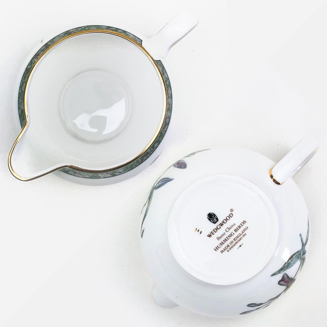 【美品】WEDGWOOD ウェッジウッド／ハミングバード ティーポット・シュガーポット・クリーマー 3点 セット／バード 鳥／陶器／ホワイト