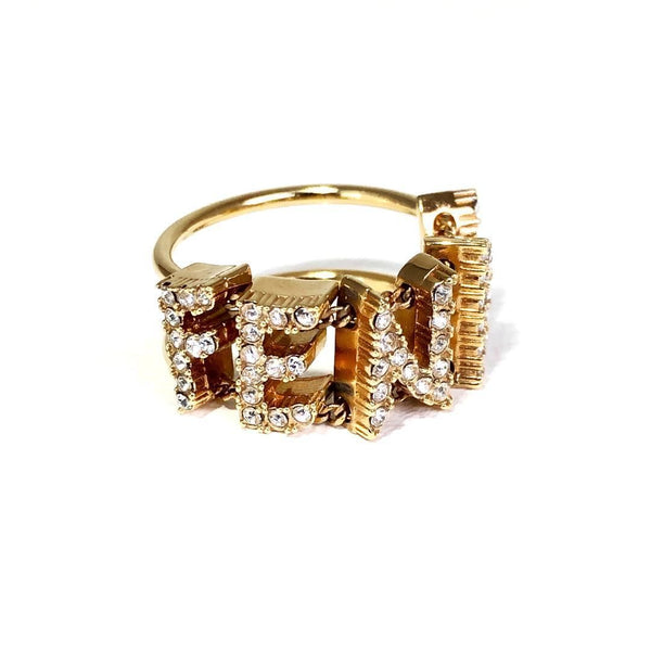 【美品】FENDI フェンディ／レディース ロゴ ラインストーン ゴールド リング／GP／11号／ゴールド