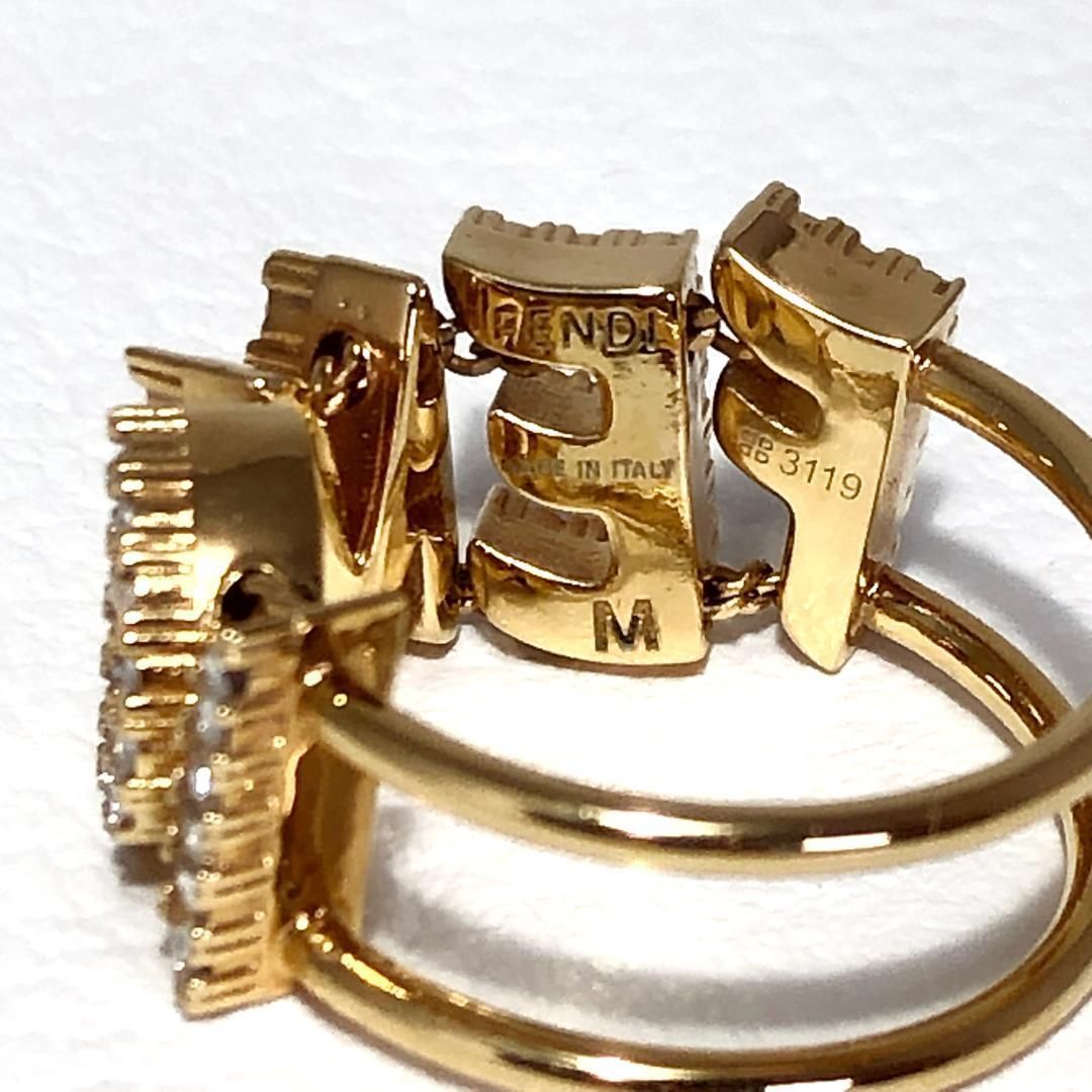【美品】FENDI フェンディ／レディース ロゴ ラインストーン ゴールド リング／GP／11号／ゴールド