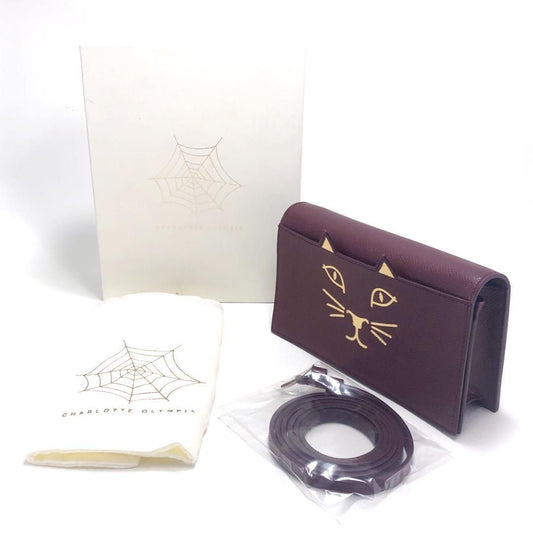 【美品・箱・保管袋付】Charlotte Olympia シャルロットオリンピア／ショルダーバッグ／猫／レザー／えんじ