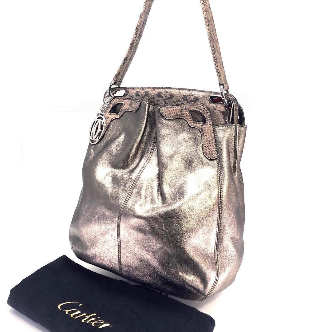 【美品・保管袋付き】Cartier カルティエ／マルチェロ ホーボー ショルダーバッグ／パイソン／メタリック ブロンズ