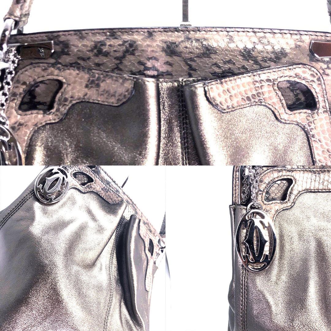 【美品・保管袋付き】Cartier カルティエ／マルチェロ ホーボー ショルダーバッグ／パイソン／メタリック ブロンズ