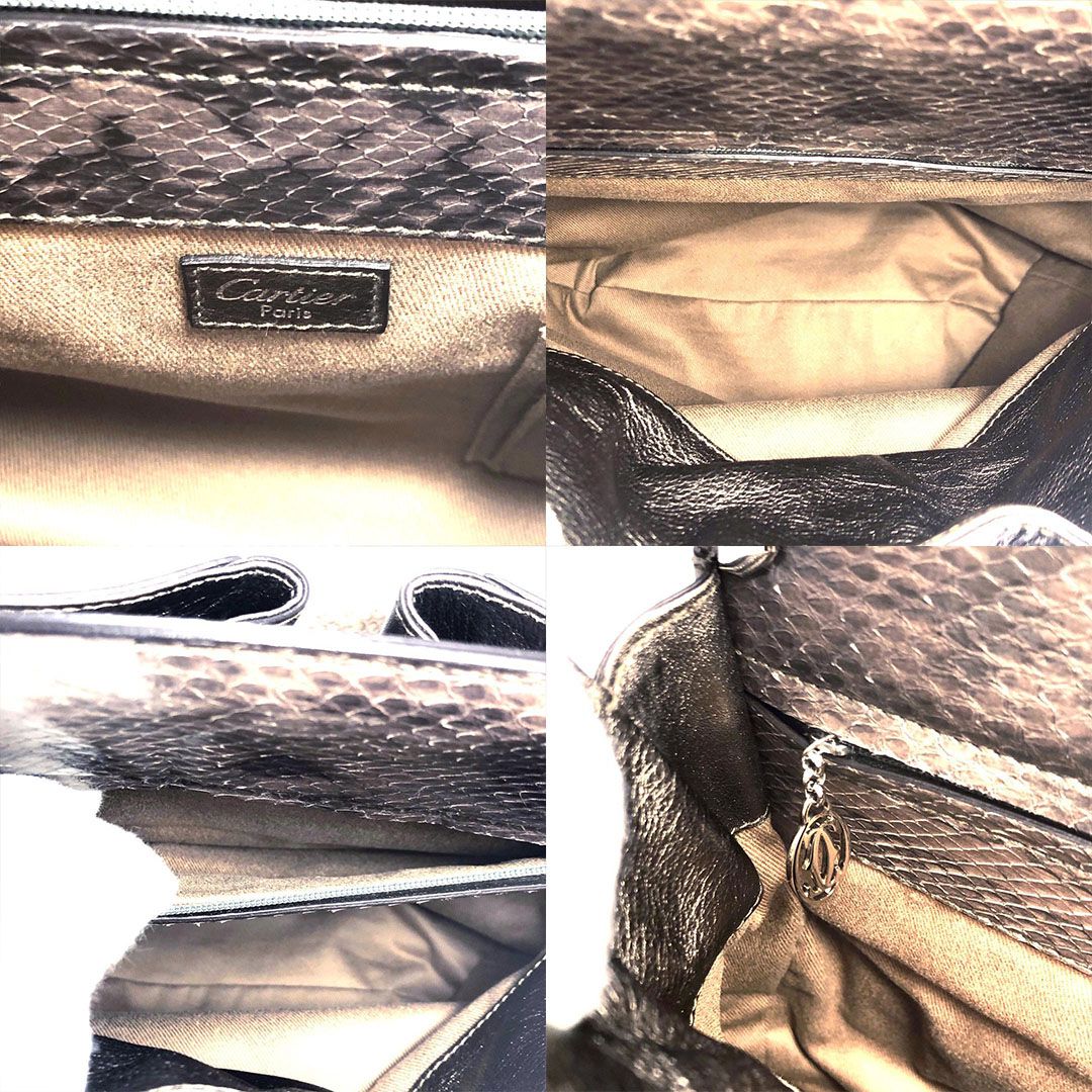 【美品・保管袋付き】Cartier カルティエ／マルチェロ ホーボー ショルダーバッグ／パイソン／メタリック ブロンズ