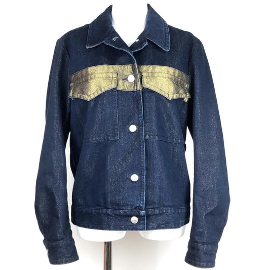 【美品】Dries Van Noten ドリスヴァンノッテン／レディース デニムジャケット／金ボーダー・金糸ラメ／34／ダークブルー ゴールド