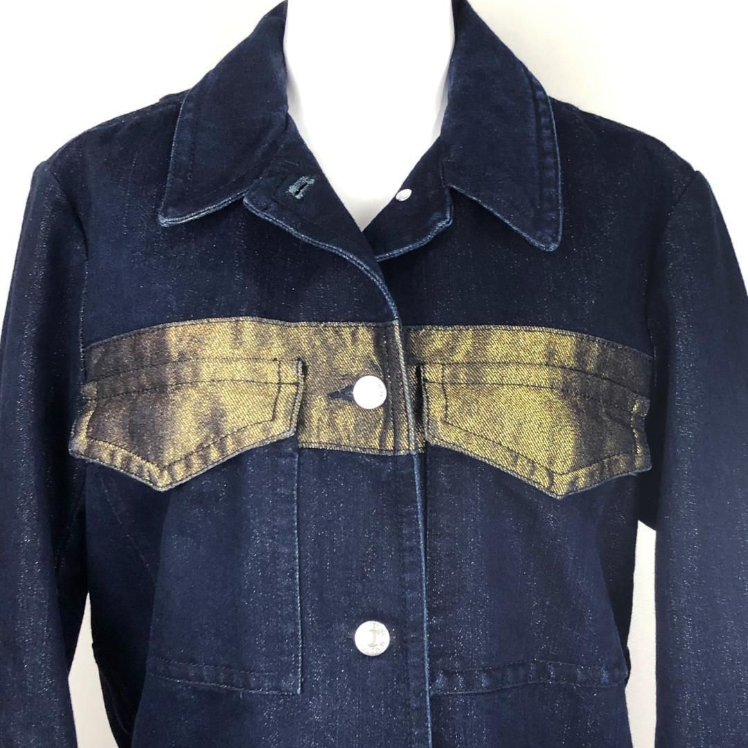 【美品】Dries Van Noten ドリスヴァンノッテン／レディース デニムジャケット／金ボーダー・金糸ラメ／34／ダークブルー ゴールド