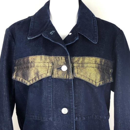 【美品】Dries Van Noten ドリスヴァンノッテン／レディース デニムジャケット／金ボーダー・金糸ラメ／34／ダークブルー ゴールド