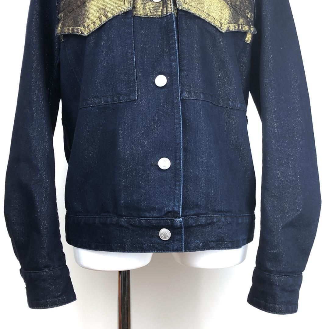 【美品】Dries Van Noten ドリスヴァンノッテン／レディース デニムジャケット／金ボーダー・金糸ラメ／34／ダークブルー ゴールド