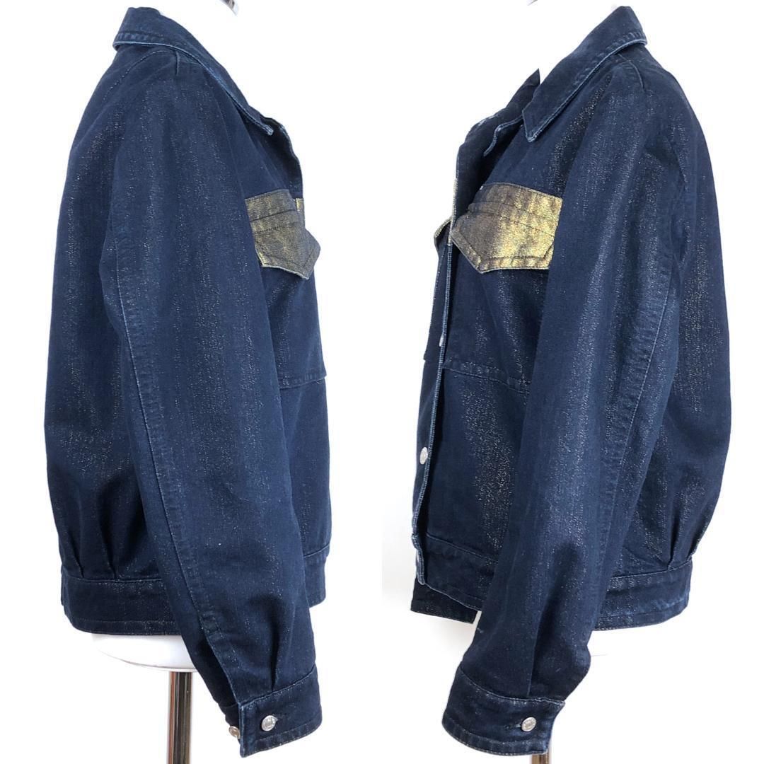 【美品】Dries Van Noten ドリスヴァンノッテン／レディース デニムジャケット／金ボーダー・金糸ラメ／34／ダークブルー ゴールド