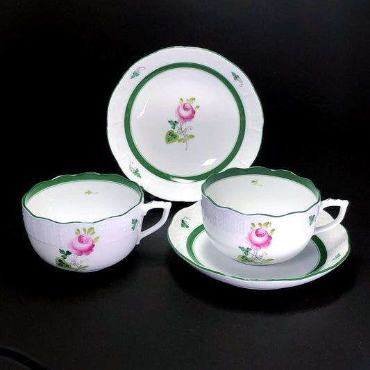 【美品】HEREND ヘレンド／ウィーンのバラ カップ＆ソーサー1客・カップのみ1客・フルーツ皿1枚／フローラル・花／陶器／ホワイト・グリーン
