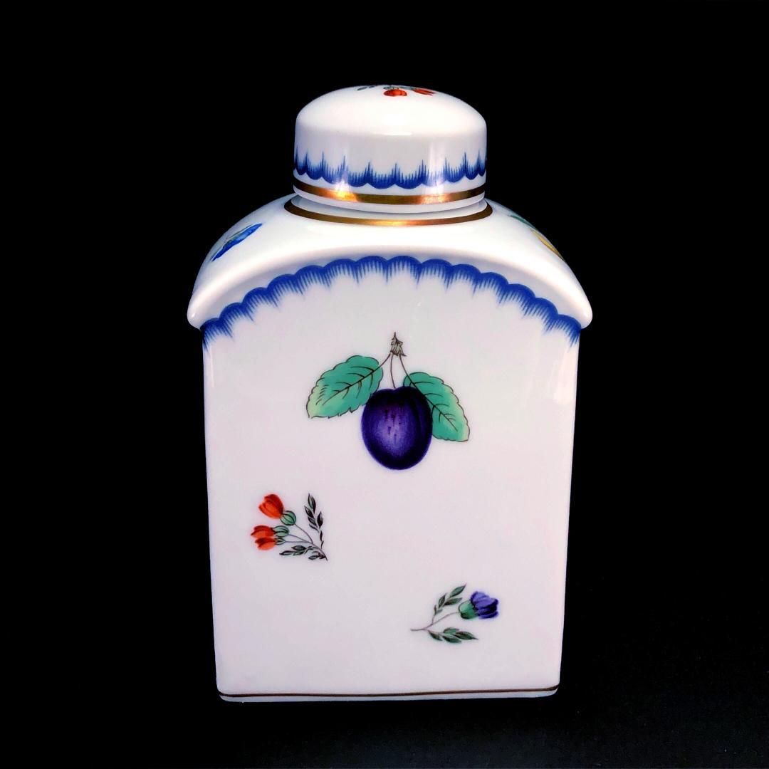 【美品】Richard Ginori リチャードジノリ／イタリアンフルーツ ティーキャディ 茶葉入れ／フルーツ 花／陶器／ホワイト