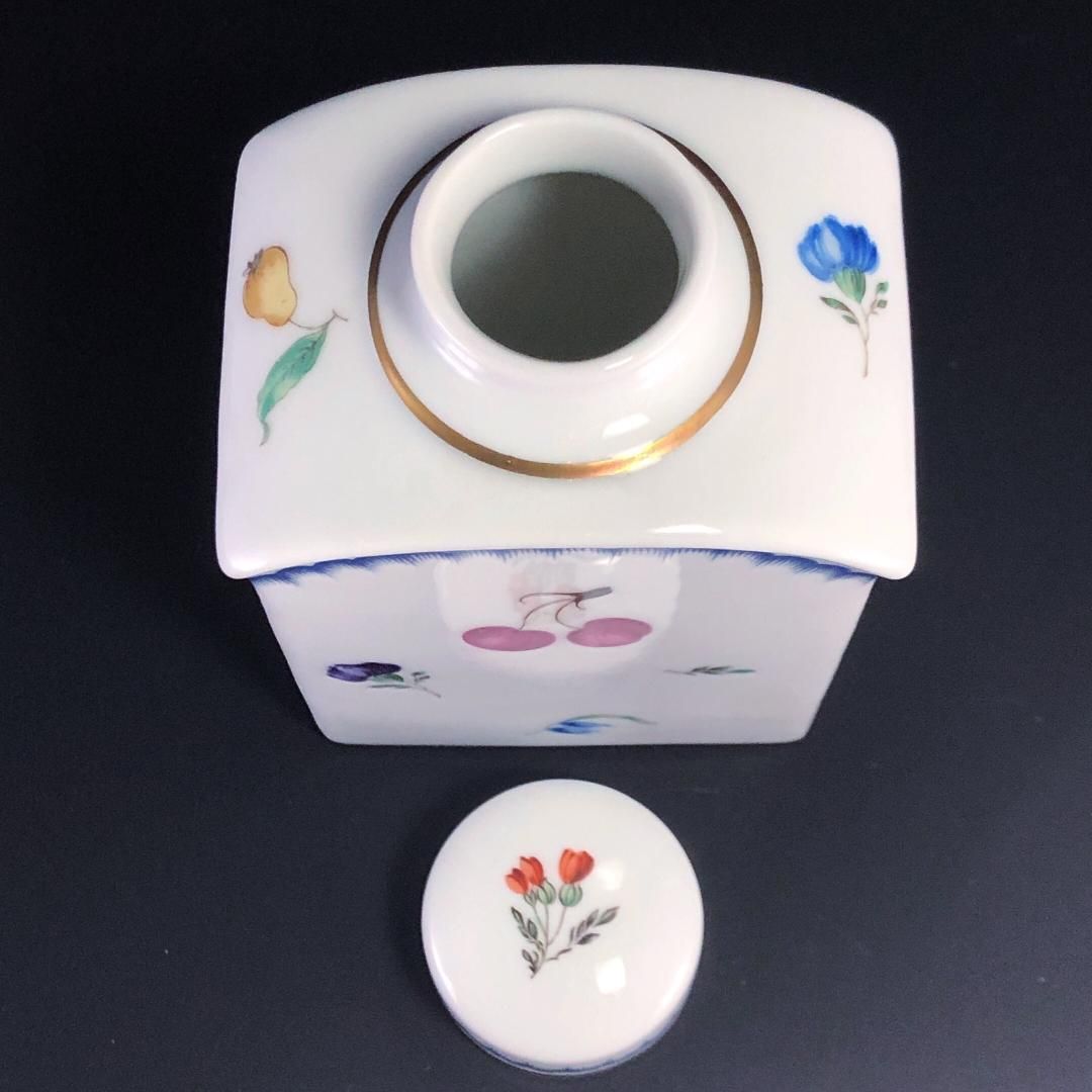 【美品】Richard Ginori リチャードジノリ／イタリアンフルーツ ティーキャディ 茶葉入れ／フルーツ 花／陶器／ホワイト