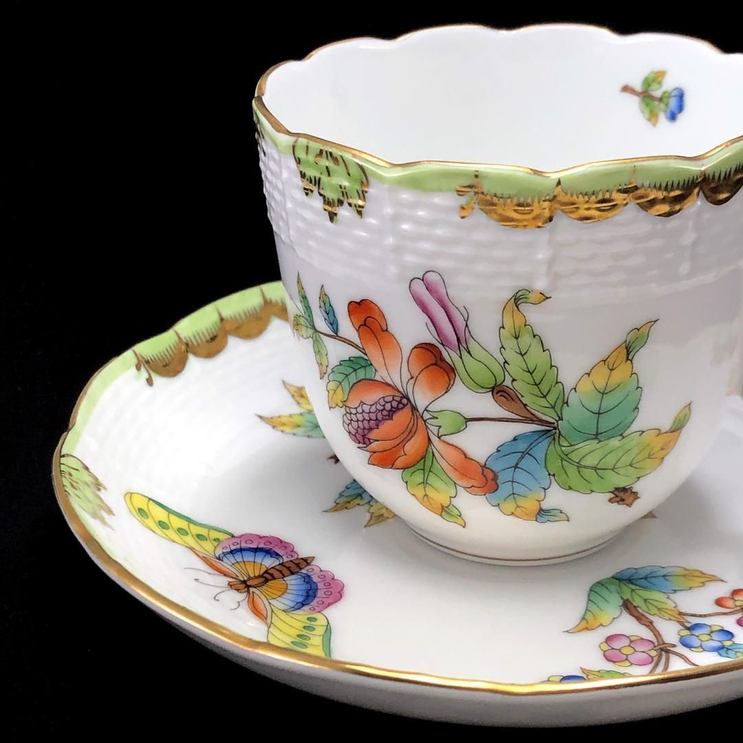 【訳あり・売り切り】HEREND ヘレンド／ヴィクトリア・ブーケ コーヒー カップ＆ソーサー／HV2／花 蝶／金彩／陶器／ホワイト