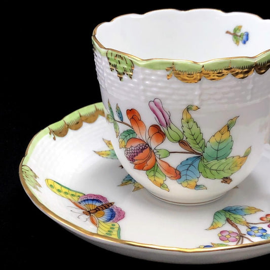 【訳あり・売り切り】HEREND ヘレンド／ヴィクトリア・ブーケ コーヒー カップ＆ソーサー／HV2／花 蝶／金彩／陶器／ホワイト