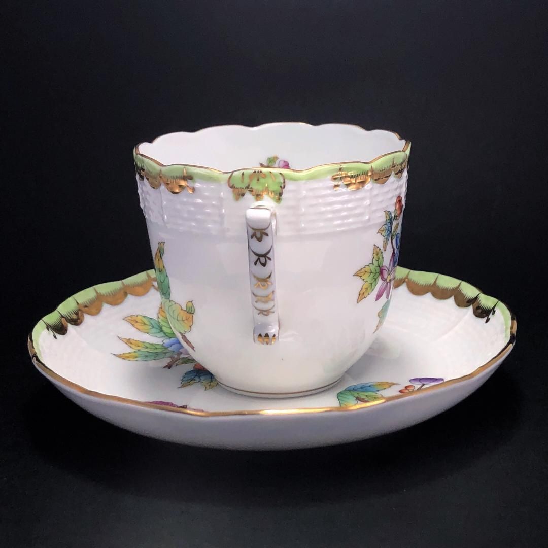 【訳あり・売り切り】HEREND ヘレンド／ヴィクトリア・ブーケ コーヒー カップ＆ソーサー／HV2／花 蝶／金彩／陶器／ホワイト