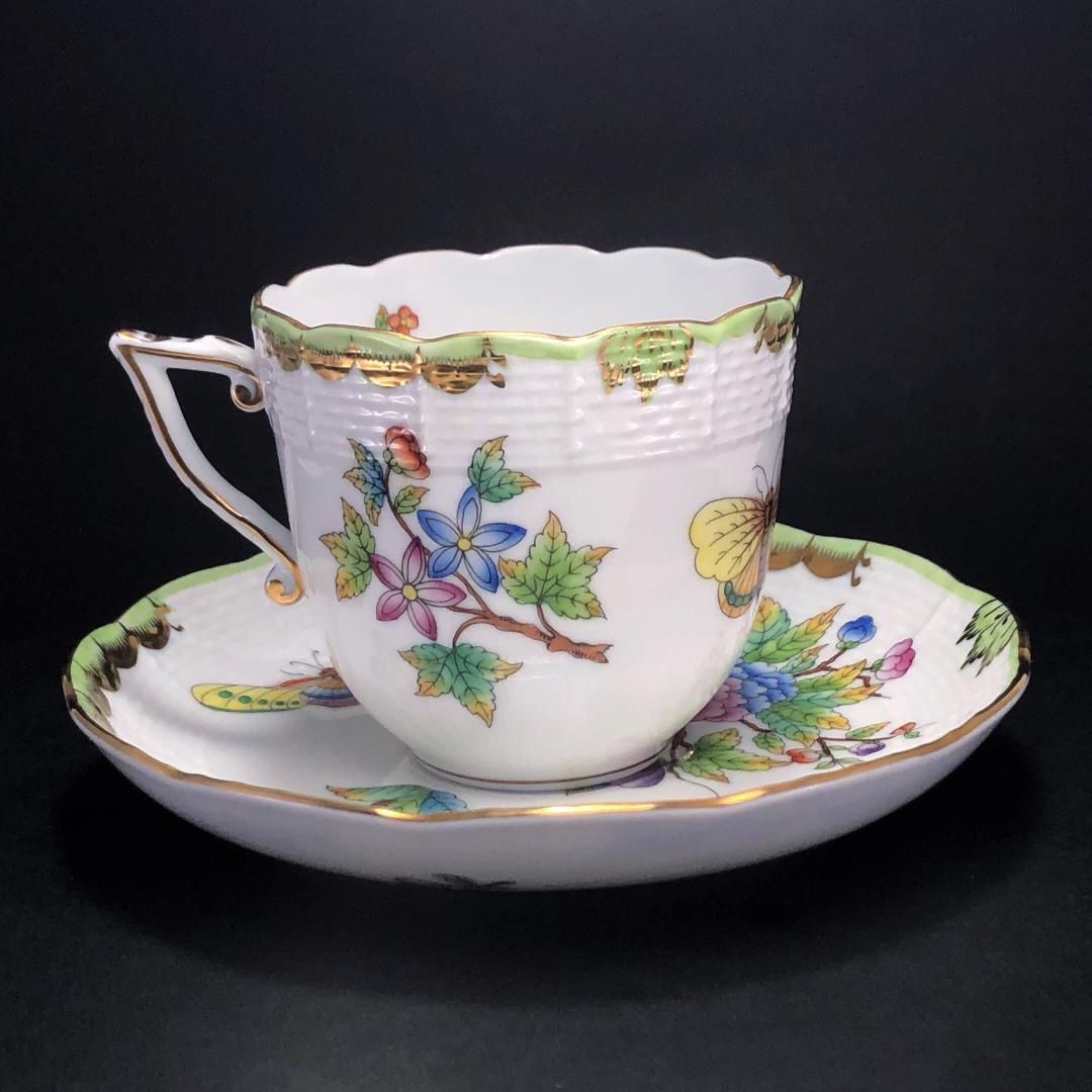 【訳あり・売り切り】HEREND ヘレンド／ヴィクトリア・ブーケ コーヒー カップ＆ソーサー／HV2／花 蝶／金彩／陶器／ホワイト