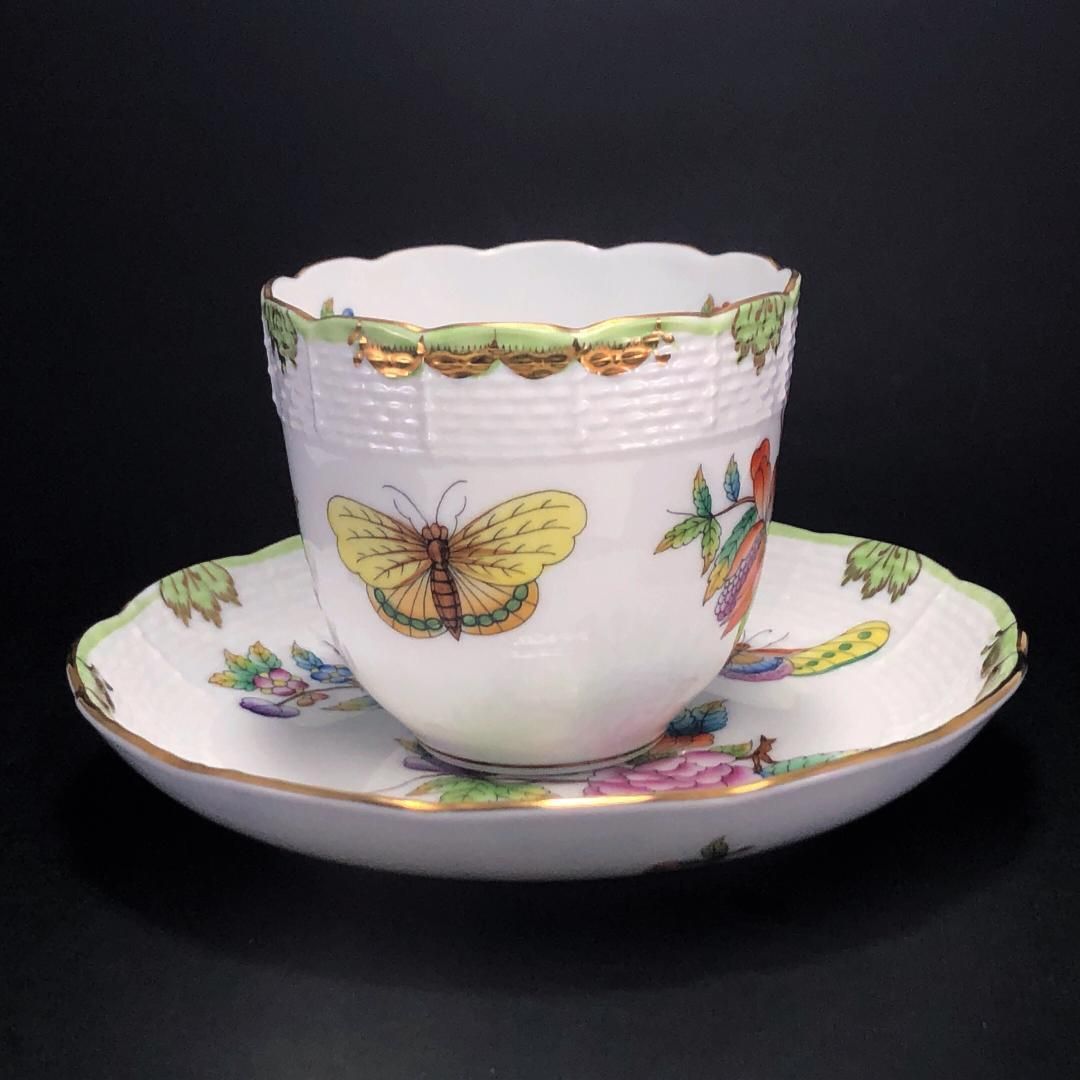 【訳あり・売り切り】HEREND ヘレンド／ヴィクトリア・ブーケ コーヒー カップ＆ソーサー／HV2／花 蝶／金彩／陶器／ホワイト