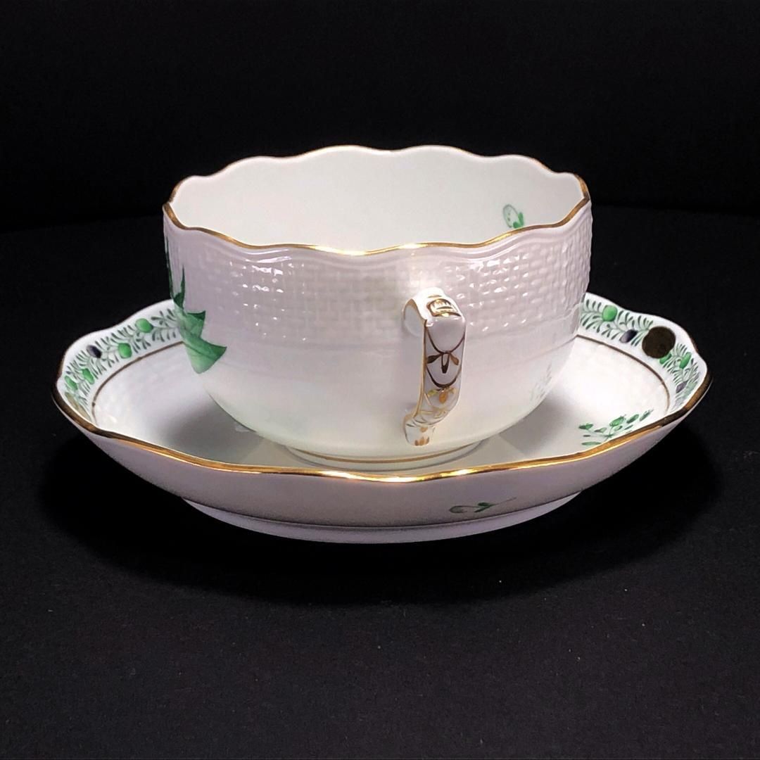【美品・箱付き】HEREND ヘレンド／アピシウスのハーブ ペア カップ&ソーサー／陶器／ホワイト・グリーン