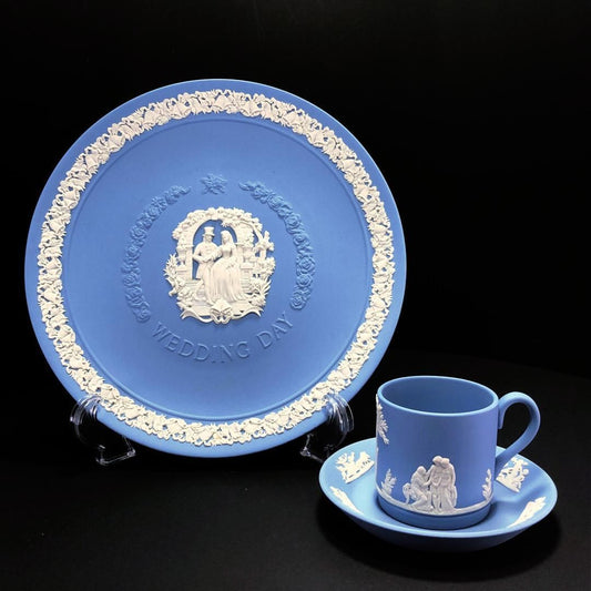 【美品】WEDGWOOD ウェッジウッド／ジャスパー ブルー デミタス カップ＆ソーサー プレート 皿 セット／陶器／ブルー