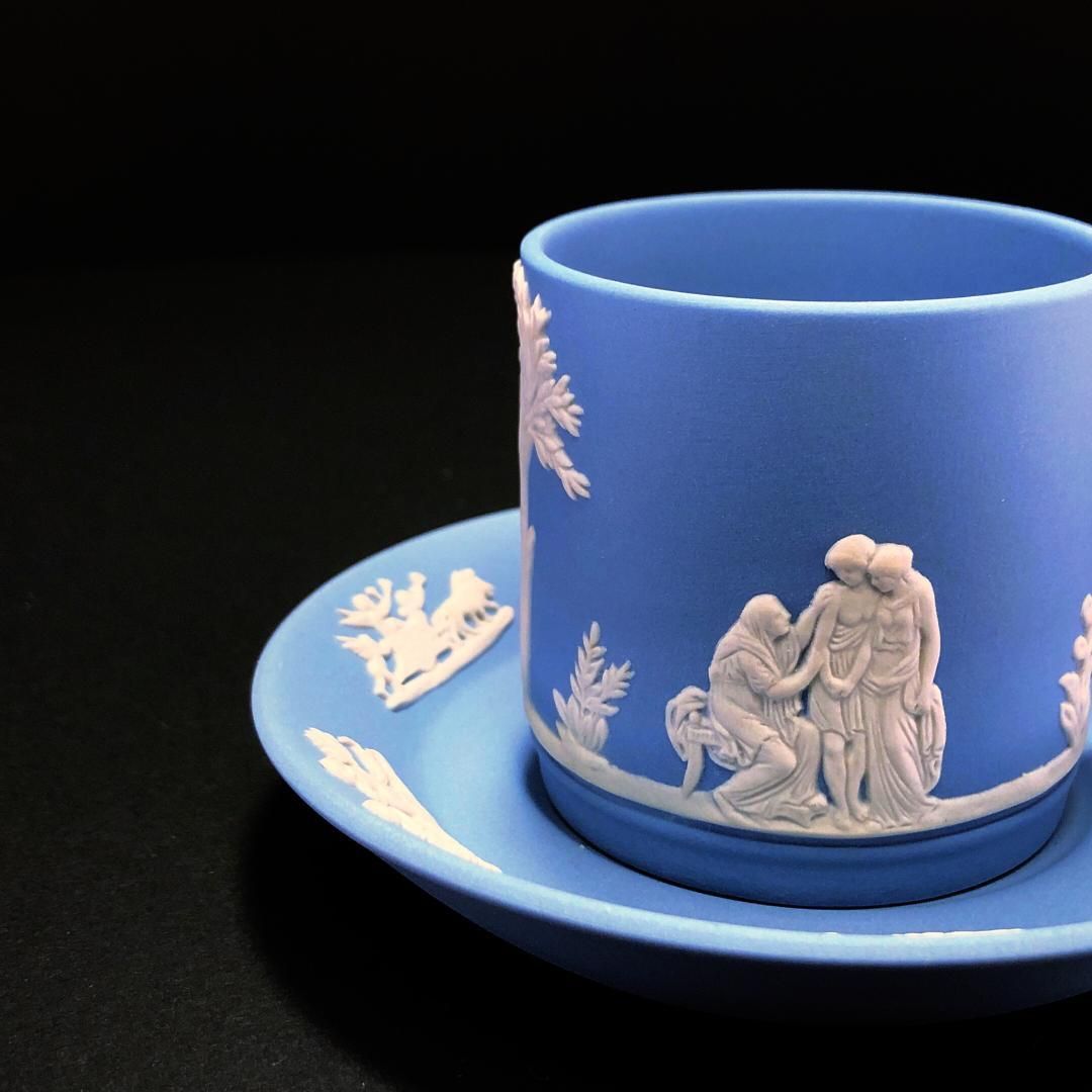 【美品】WEDGWOOD ウェッジウッド／ジャスパー ブルー デミタス カップ＆ソーサー プレート 皿 セット／陶器／ブルー