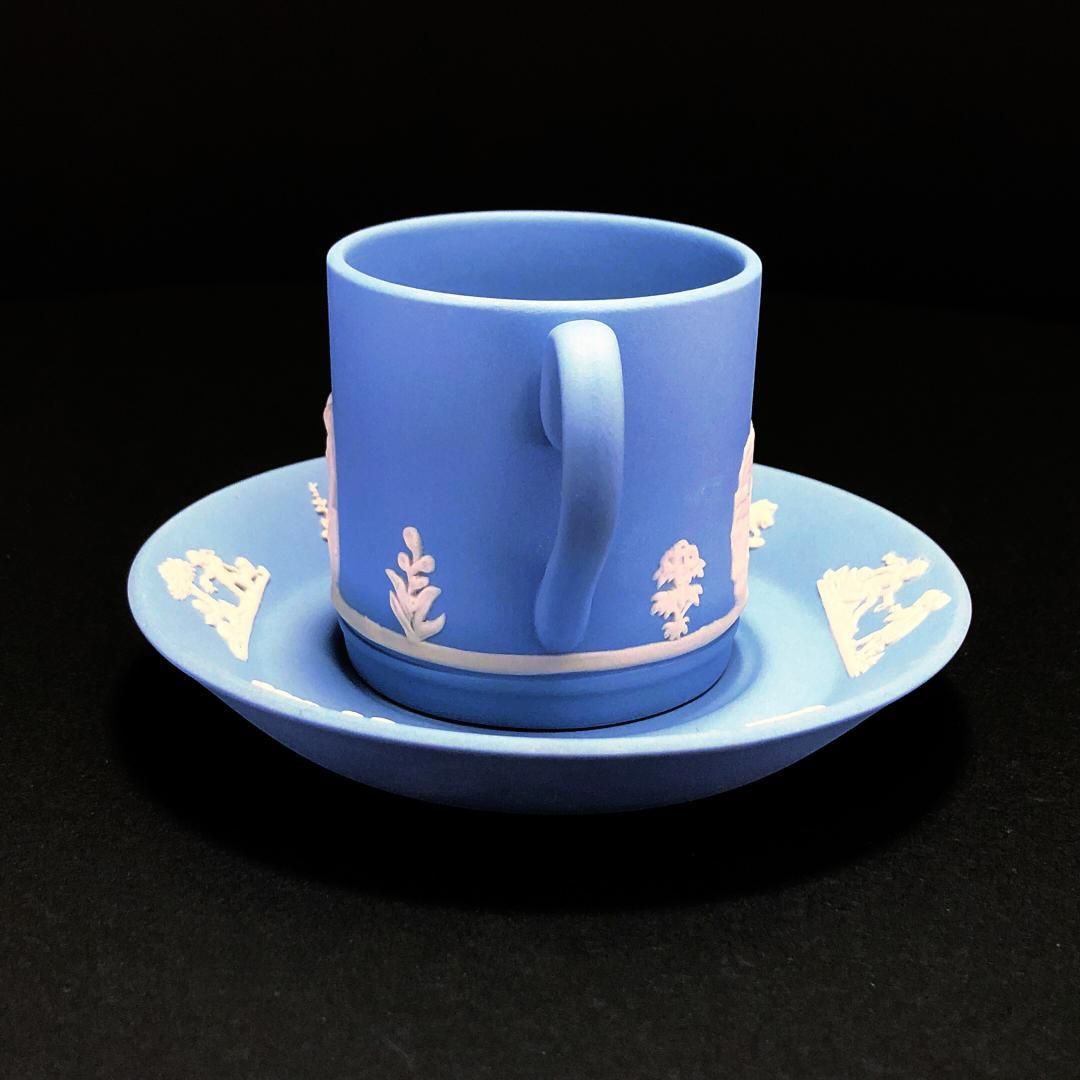 【美品】WEDGWOOD ウェッジウッド／ジャスパー ブルー デミタス カップ＆ソーサー プレート 皿 セット／陶器／ブルー