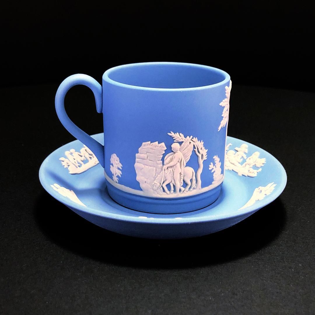 【美品】WEDGWOOD ウェッジウッド／ジャスパー ブルー デミタス カップ＆ソーサー プレート 皿 セット／陶器／ブルー