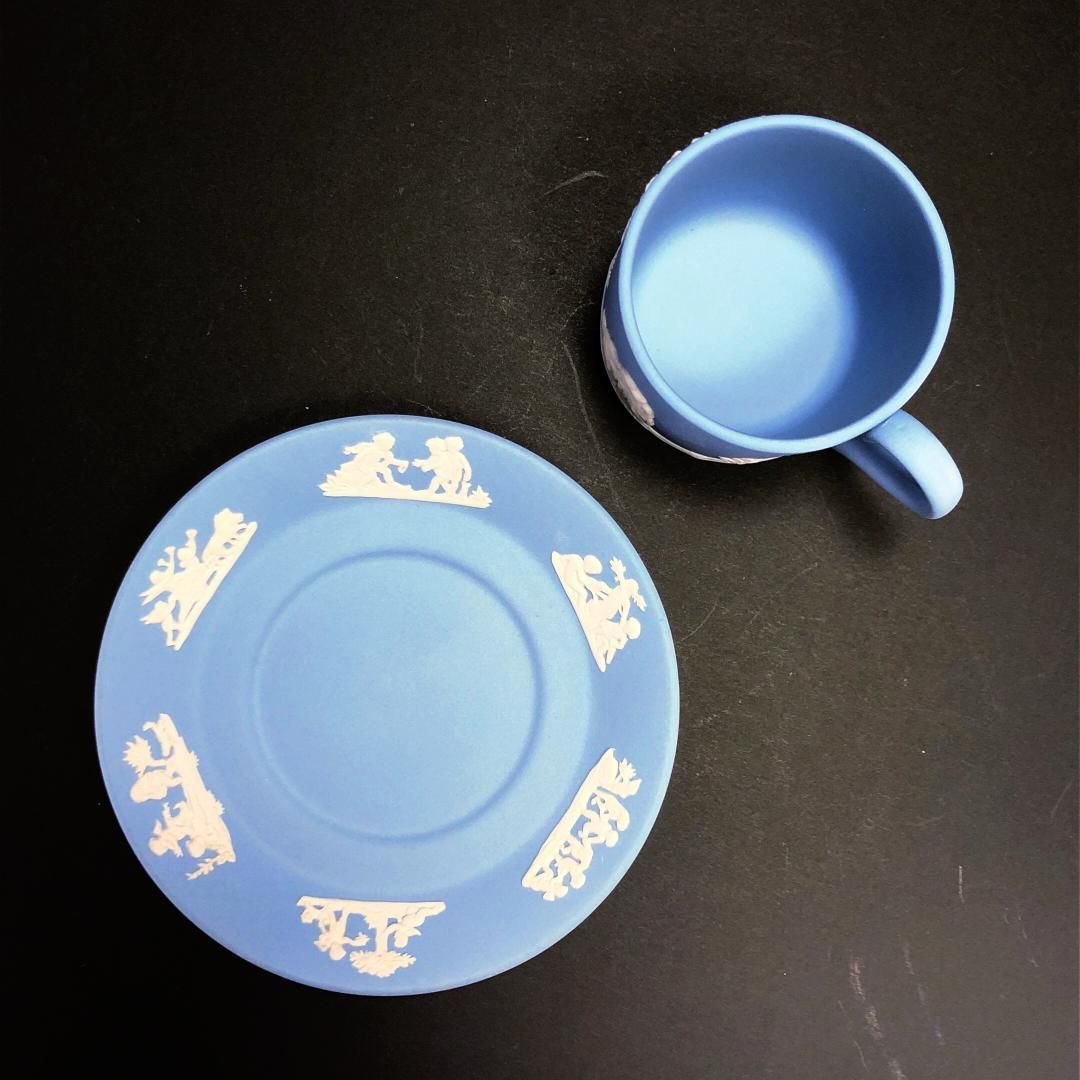 【美品】WEDGWOOD ウェッジウッド／ジャスパー ブルー デミタス カップ＆ソーサー プレート 皿 セット／陶器／ブルー