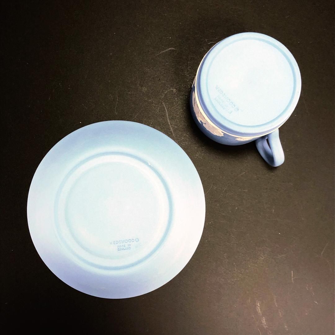 【美品】WEDGWOOD ウェッジウッド／ジャスパー ブルー デミタス カップ＆ソーサー プレート 皿 セット／陶器／ブルー