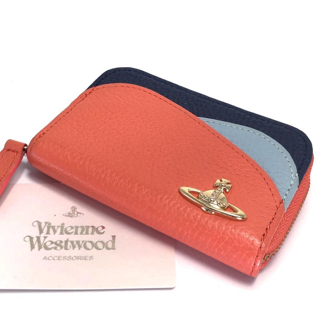 【美品】Vivienne Westwood ヴィヴィアンウエストウッド／ダブルフラップ レザー コインケース 財布／オーブ／レザー／オレンジ・ブラック・グレー