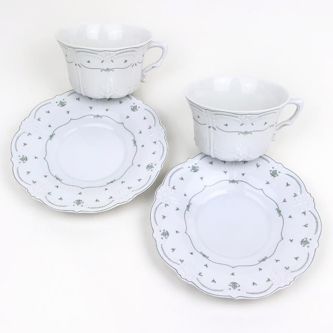 【美品】TIRSCHENREUTH ティルシェンロイト／ババリア ペア カップ＆ソーサー・プレート／T02／陶器／ホワイト