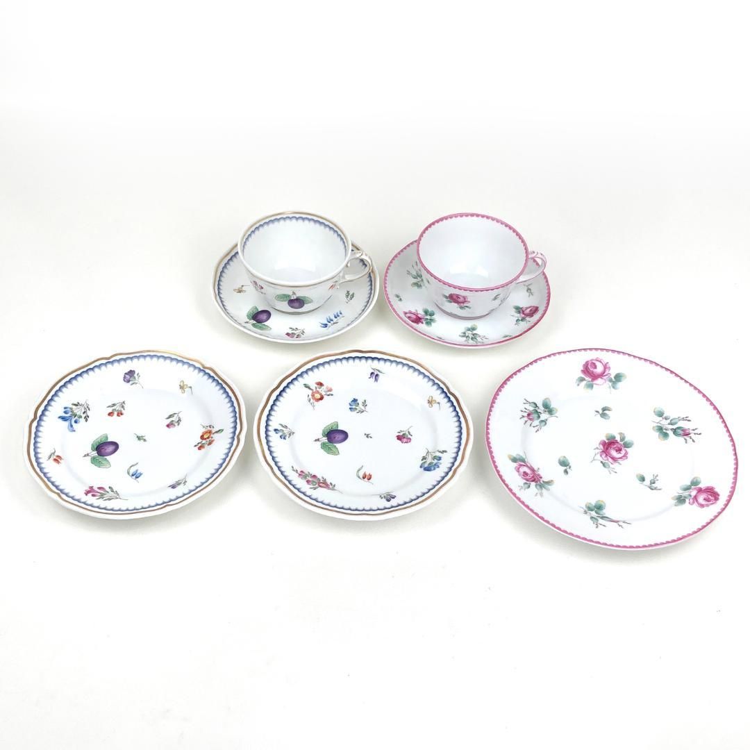 【美品】Richard Ginor リチャードジノリ／アンティークローズ＆イタリアンフルーツ カップ＆ソーサー プレート 皿 セット／バラ 薔薇／陶器／ホワイト・ブルー・ピンク