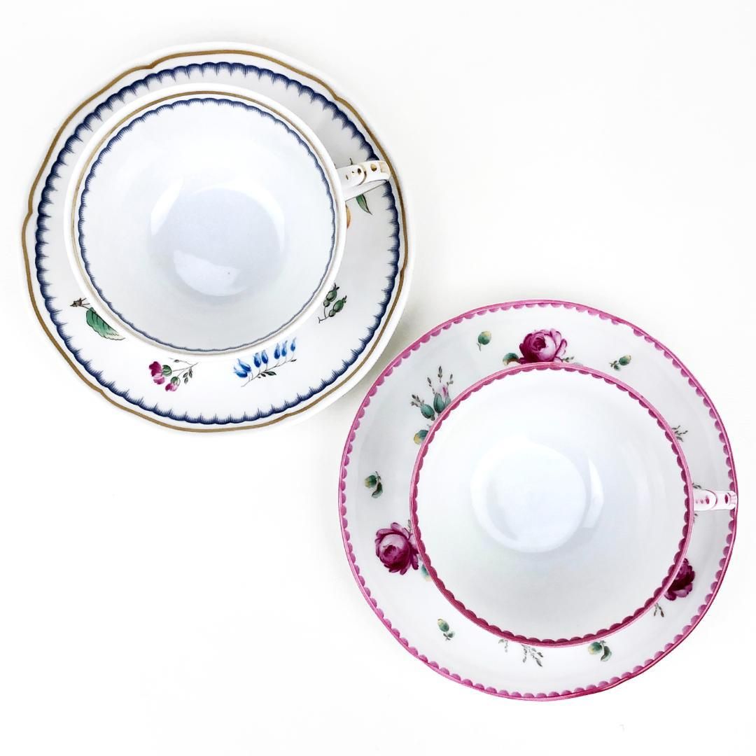 【美品】Richard Ginor リチャードジノリ／アンティークローズ＆イタリアンフルーツ カップ＆ソーサー プレート 皿 セット／バラ 薔薇／陶器／ホワイト・ブルー・ピンク
