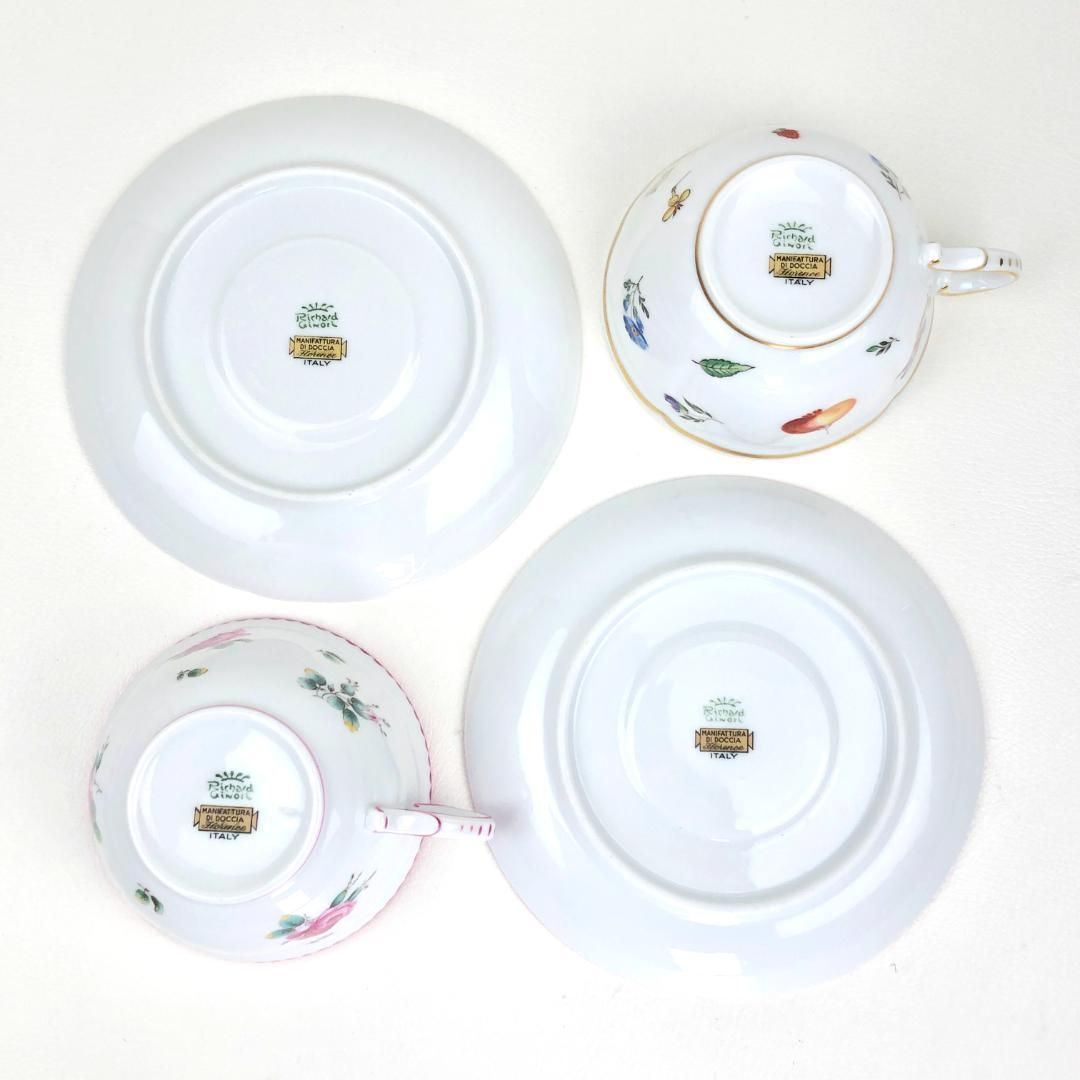【美品】Richard Ginor リチャードジノリ／アンティークローズ＆イタリアンフルーツ カップ＆ソーサー プレート 皿 セット／バラ 薔薇／陶器／ホワイト・ブルー・ピンク
