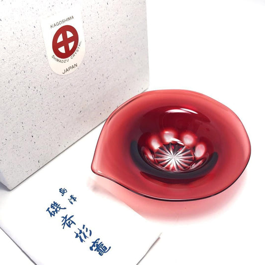 【美品・箱付き】島津／薩摩切子 磯斉彬竈 被せガラス 小皿／ガラス／レッド