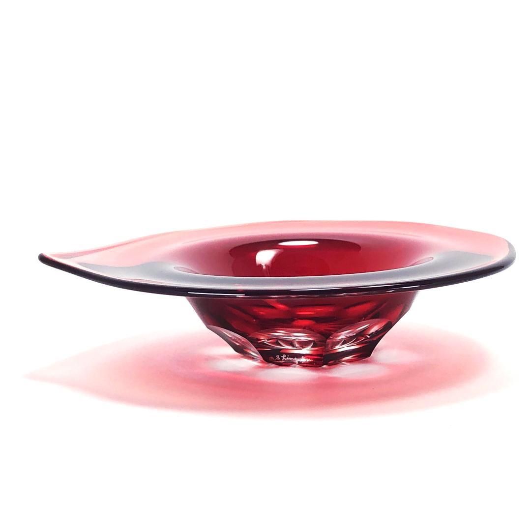 【美品・箱付き】島津／薩摩切子 磯斉彬竈 被せガラス 小皿／ガラス／レッド