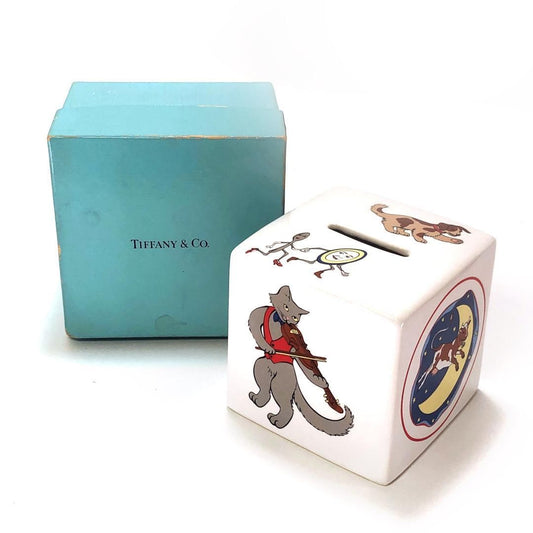 【希少・美品】Tiffany ティファニー／立方体 イラスト入り 貯金箱／陶器／ホワイト・マルチカラー