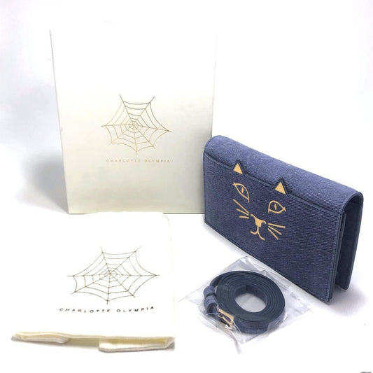 【美品・箱・保管袋付】Charlotte Olympia シャルロットオリンピア／ショルダーバッグ／猫／デニム・レザー／ブルー