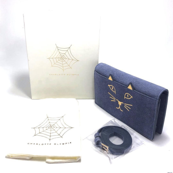 【美品・箱・保管袋付】Charlotte Olympia シャルロットオリンピア／ショルダーバッグ／猫／デニム・レザー／ブルー