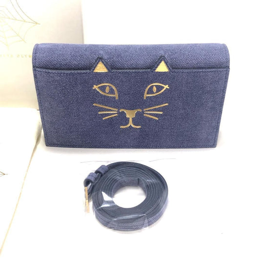【美品・箱・保管袋付】Charlotte Olympia シャルロットオリンピア／ショルダーバッグ／猫／デニム・レザー／ブルー