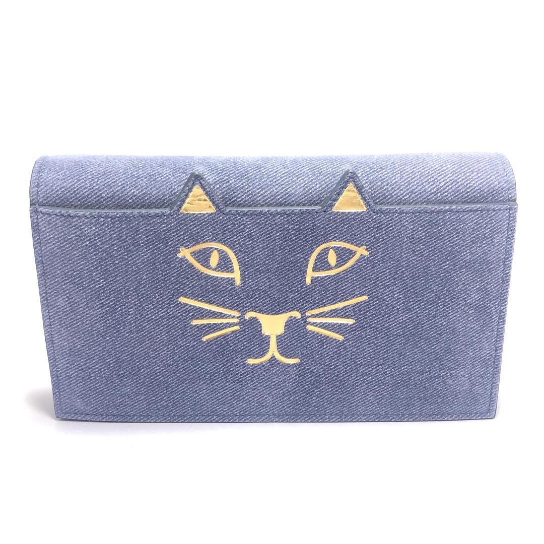 【美品・箱・保管袋付】Charlotte Olympia シャルロットオリンピア／ショルダーバッグ／猫／デニム・レザー／ブルー